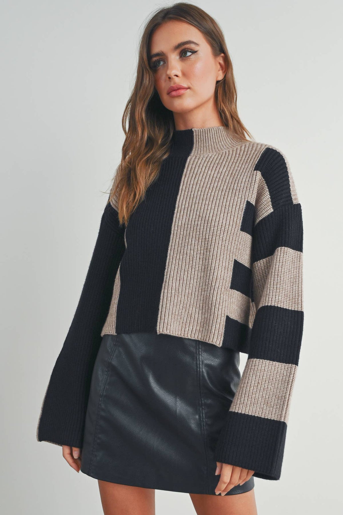 A Favorite Color Block Mock Turtleneck Sweater