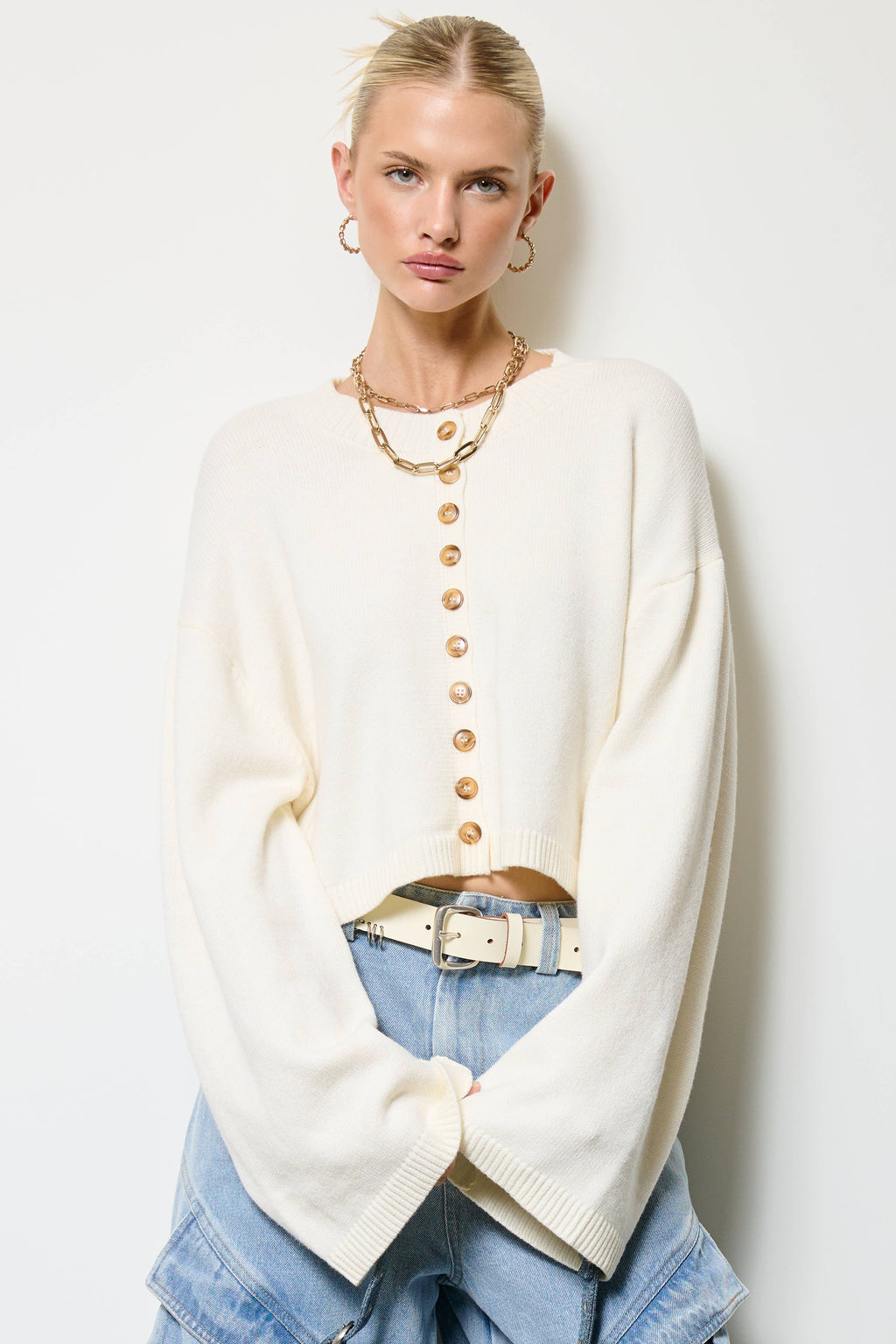 Button Front Cropped Knit Cardigan