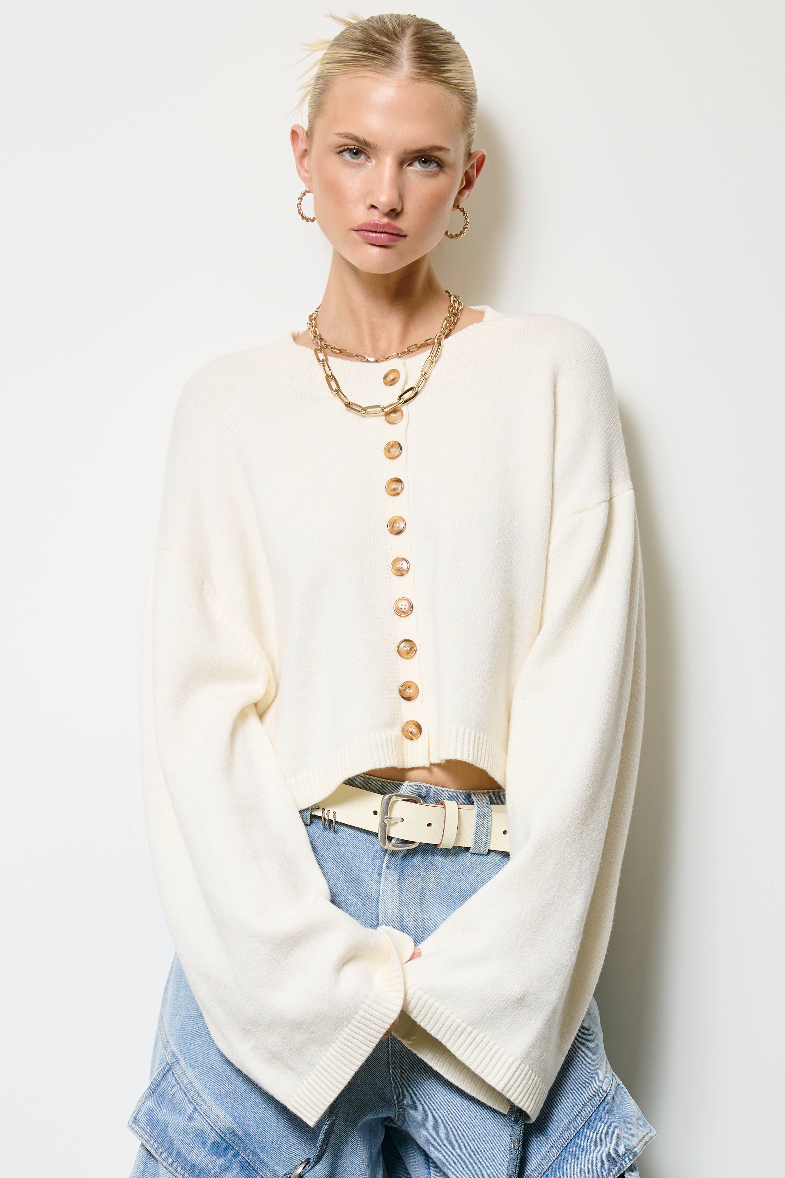 Button Front Cropped Knit Cardigan