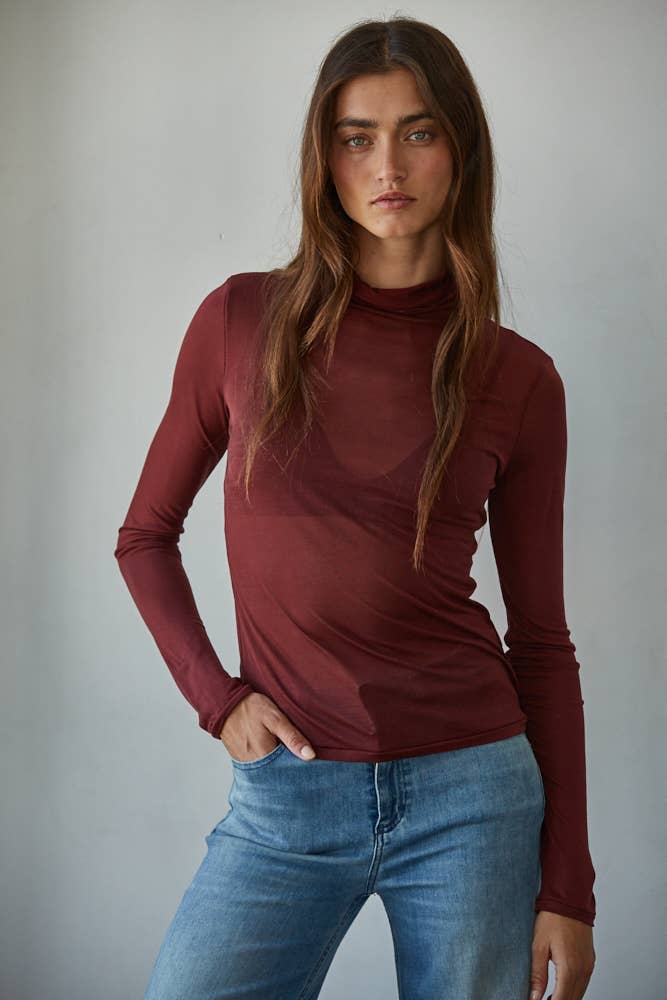 By Together - Knit Jersey Turtleneck Long Sleeve Sheer Top