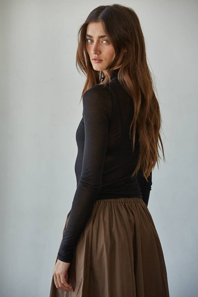 By Together - Knit Jersey Turtleneck Long Sleeve Sheer Top