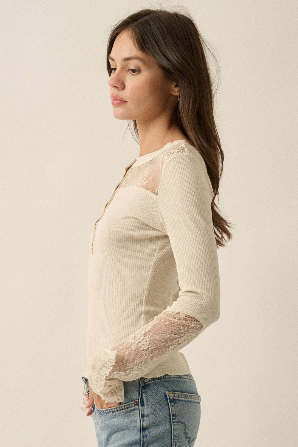 Ribbed Knit & Lace Long-Sleeve Split-Cuff Henley Top