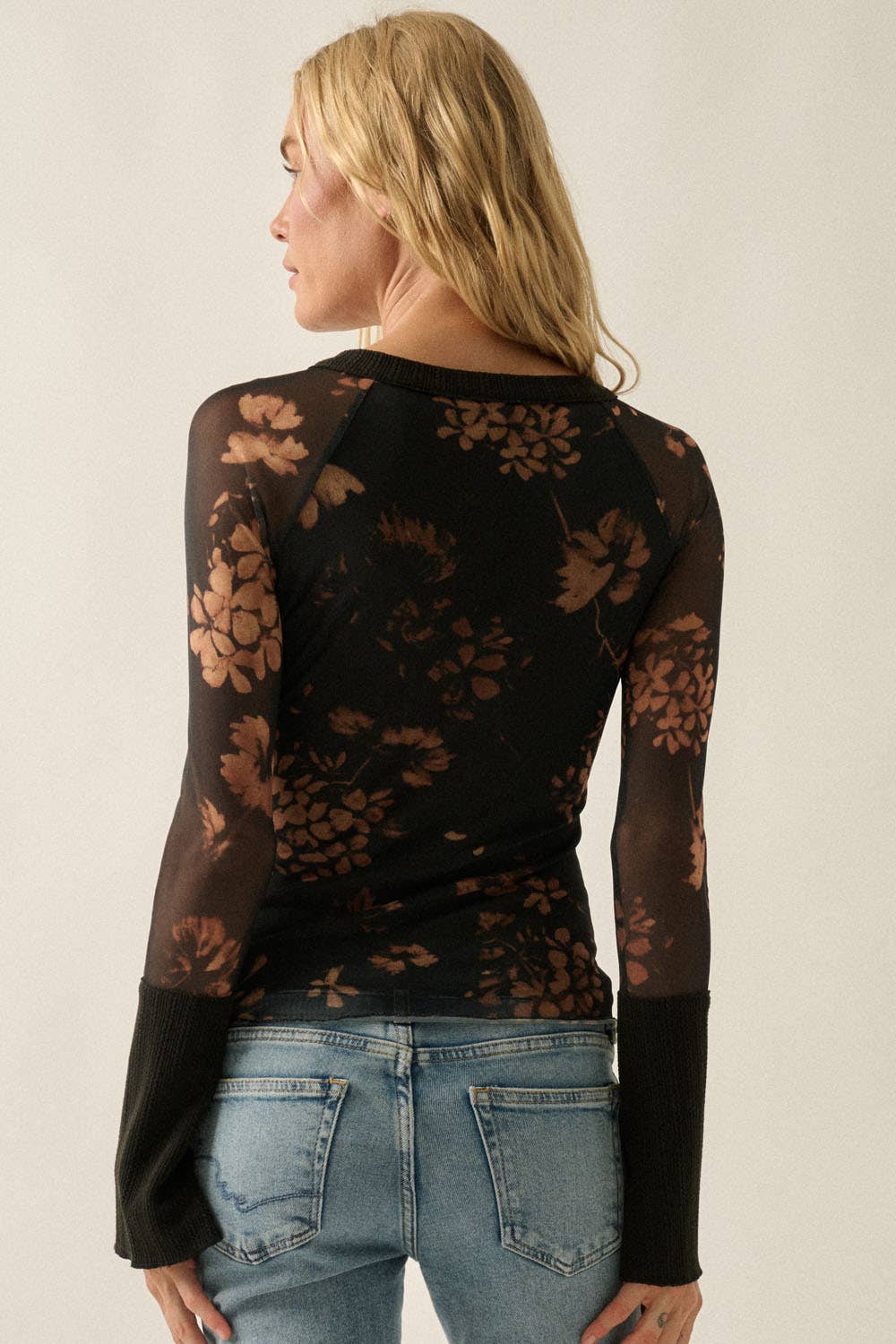 Floral-Print Mesh Raglan-Sleeve Split-Cuff Henley Top