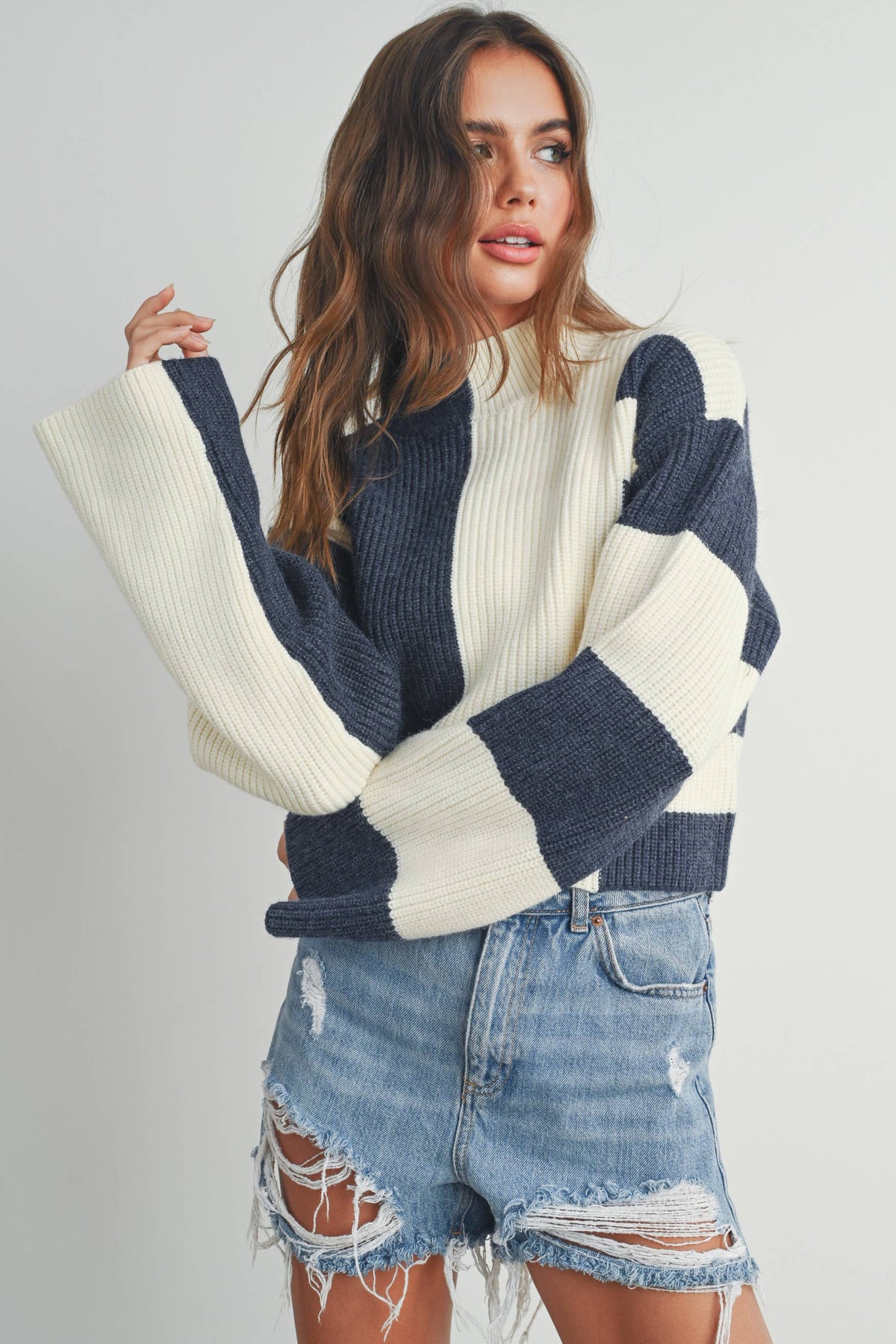 A Favorite Color Block Mock Turtleneck Sweater