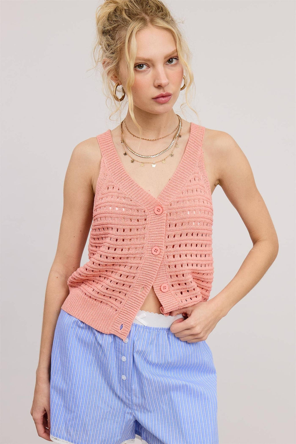 Mimosa - Open Stitch Button Front Knit Tank