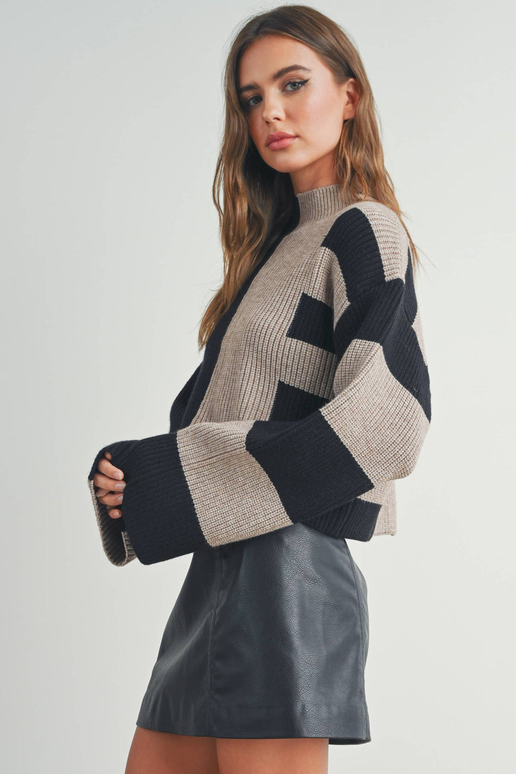 A Favorite Color Block Mock Turtleneck Sweater