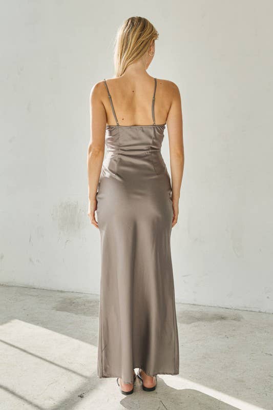 Woven Satin Lace Trim V Neck Maxi Dress
