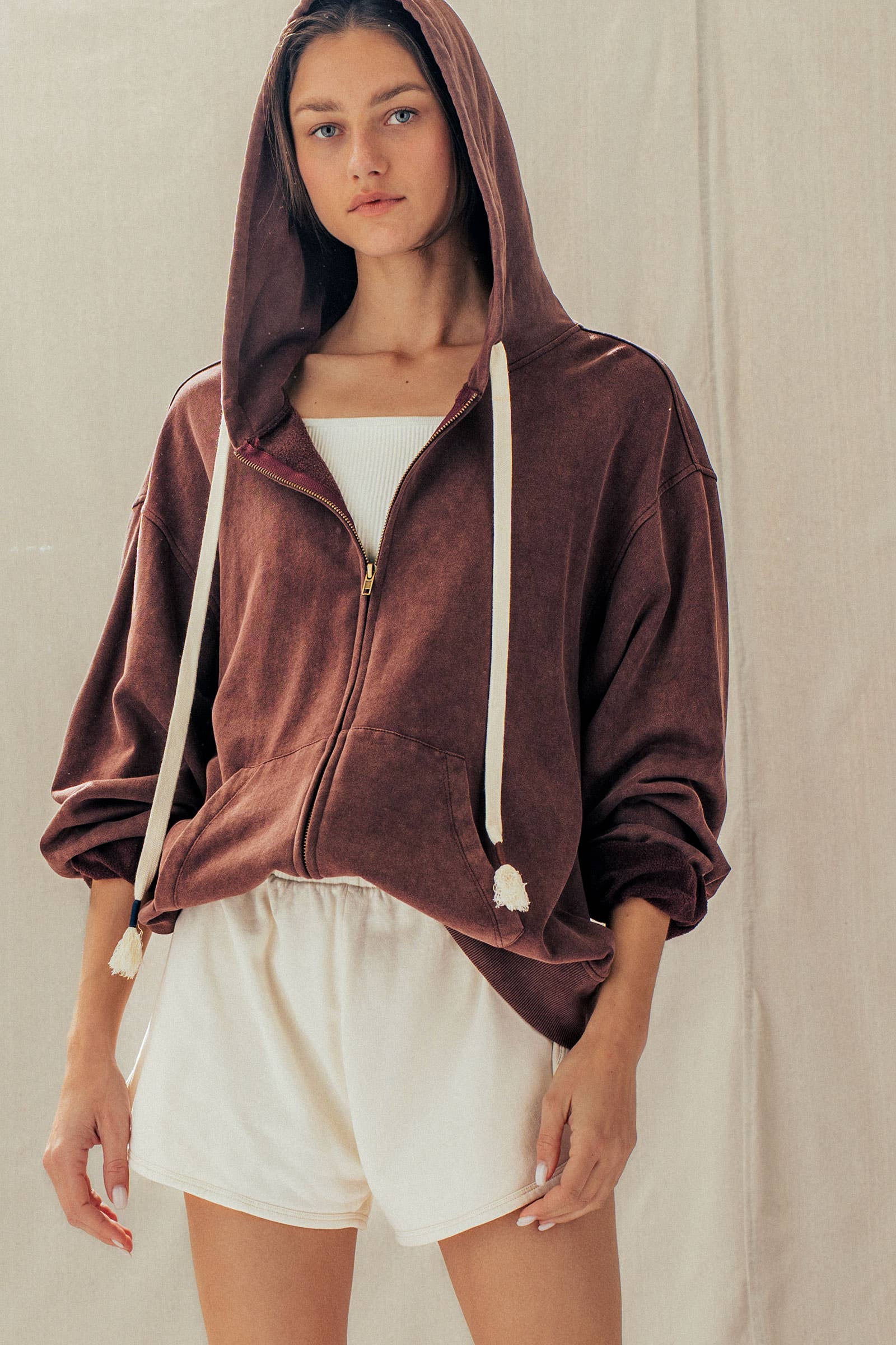 Urban Daizy - Vintage-Wash Zip-Up Hoodie