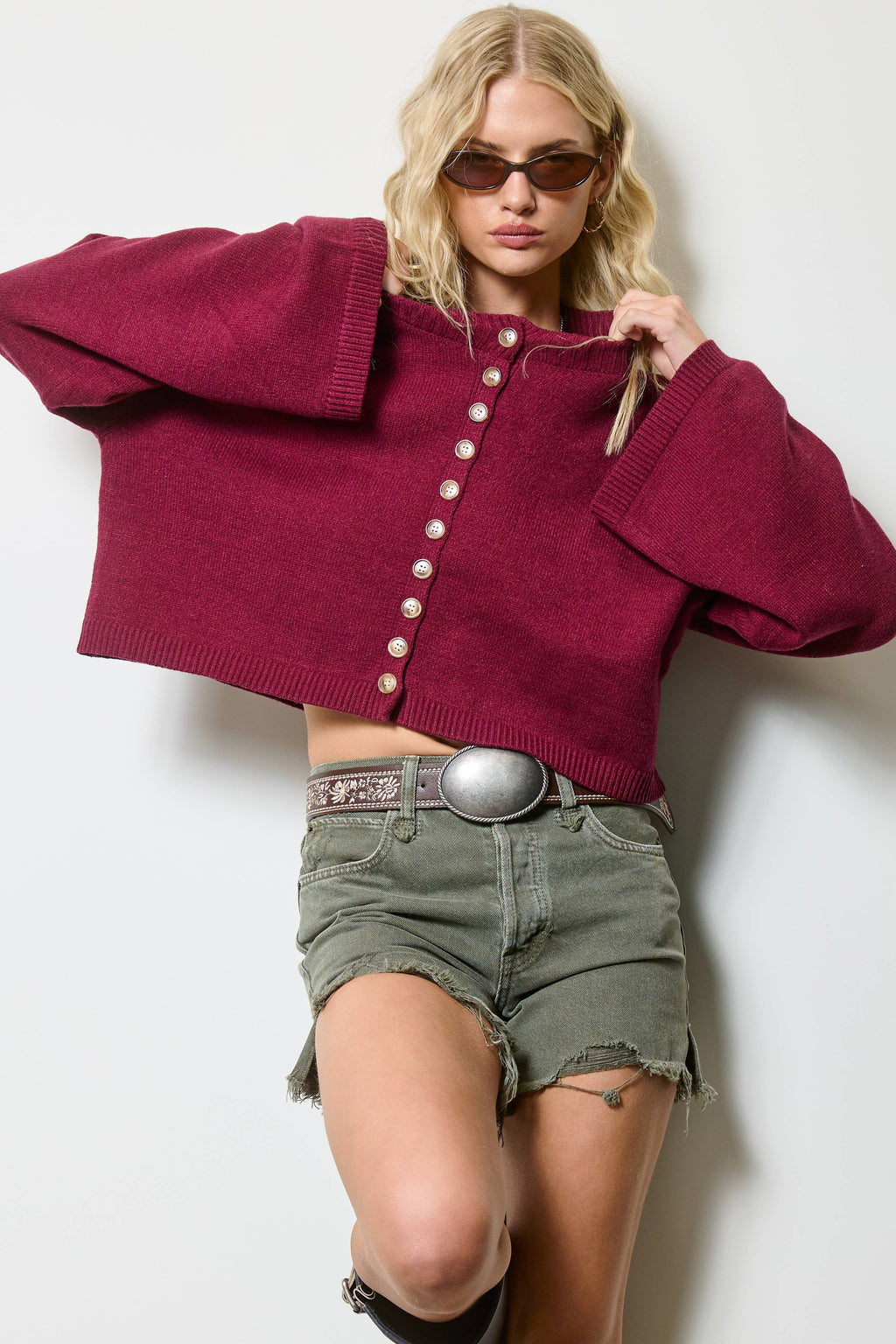 Button Front Cropped Knit Cardigan