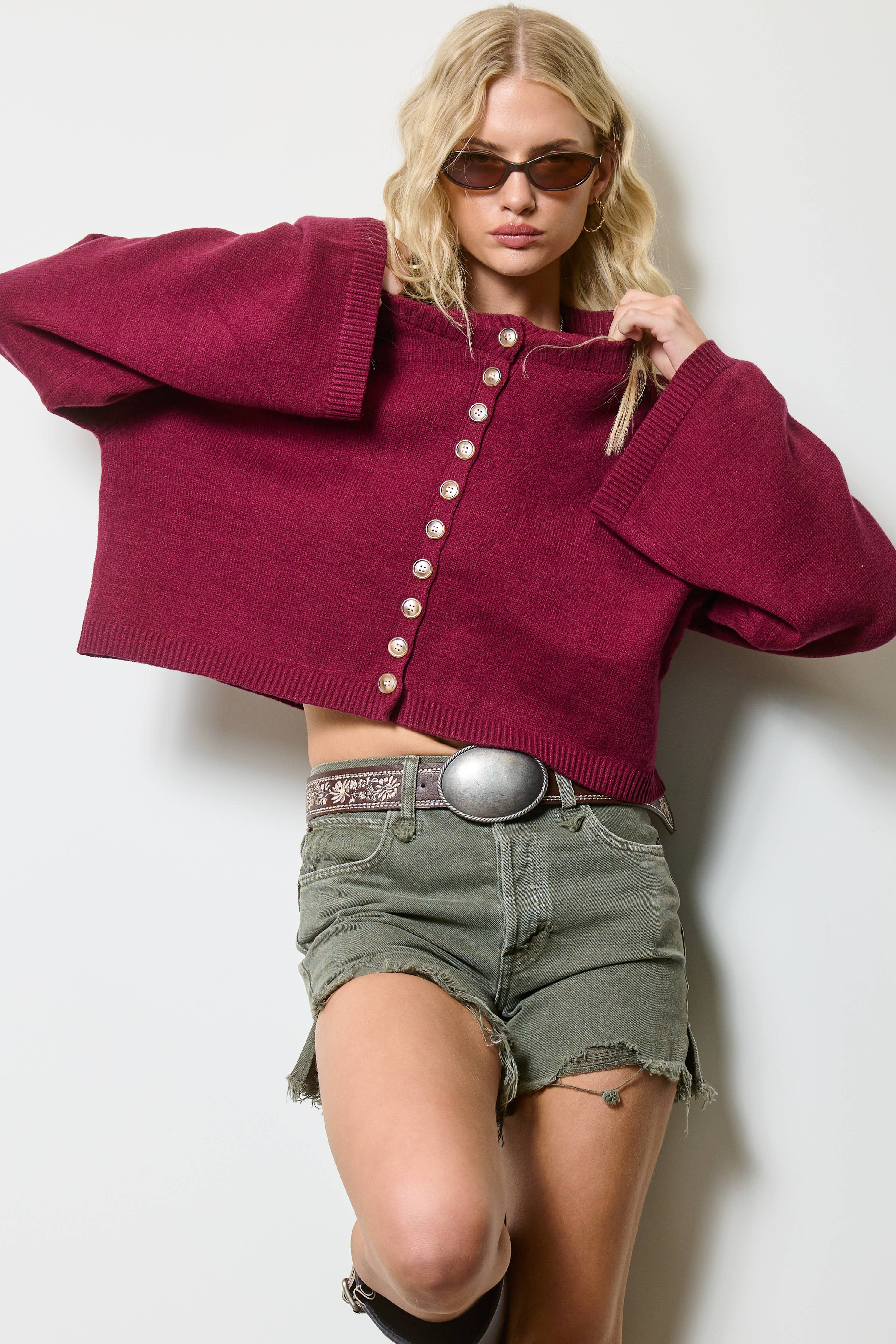 Button Front Cropped Knit Cardigan