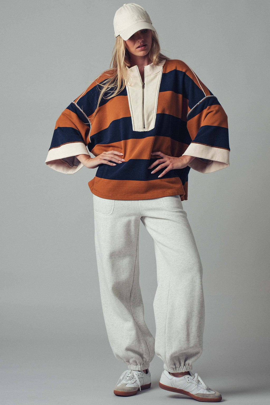 Urban Daizy - Oversized Half Zip Bold Stripe Statement Pullover Sweatshirt