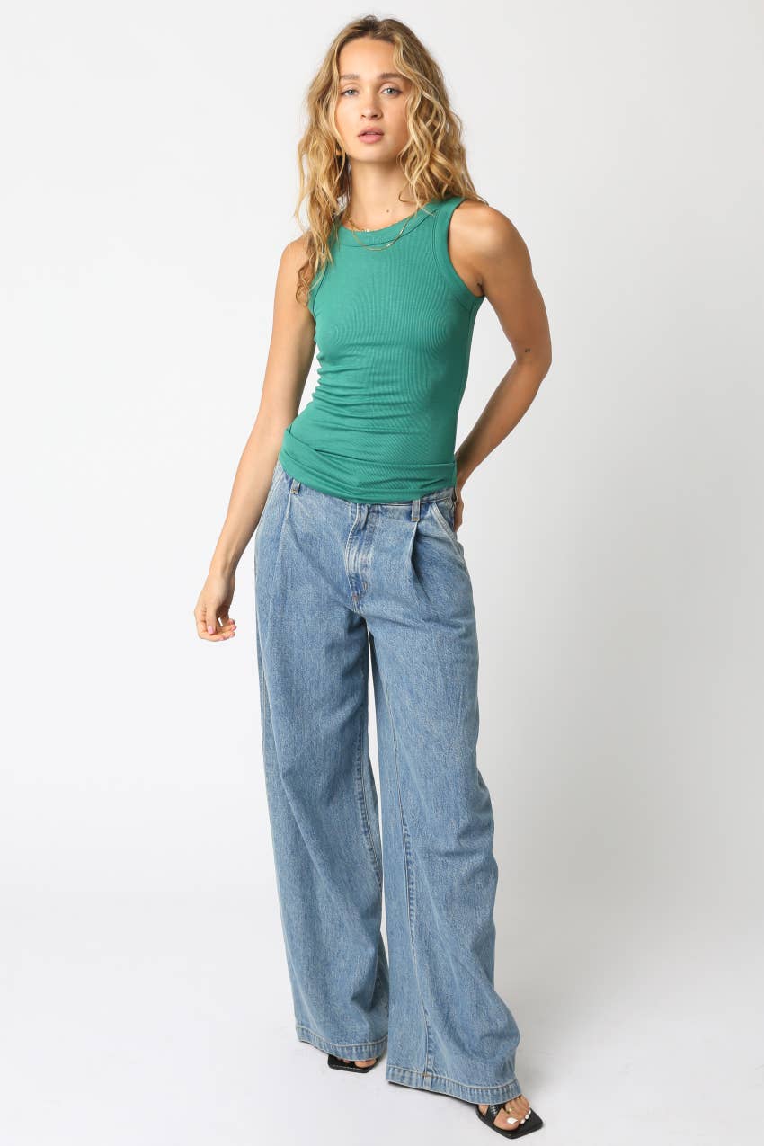 Olivaceous - Ribbed Fitted Scoop Neck Tank Top