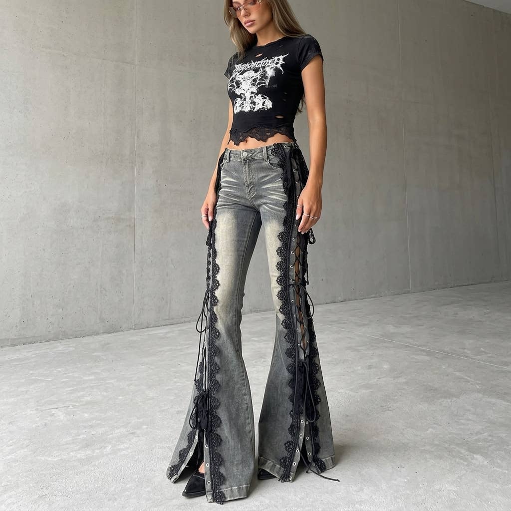 UniteJeans - Punk Rock Lace-Up Flare Jeans - Grey Wash