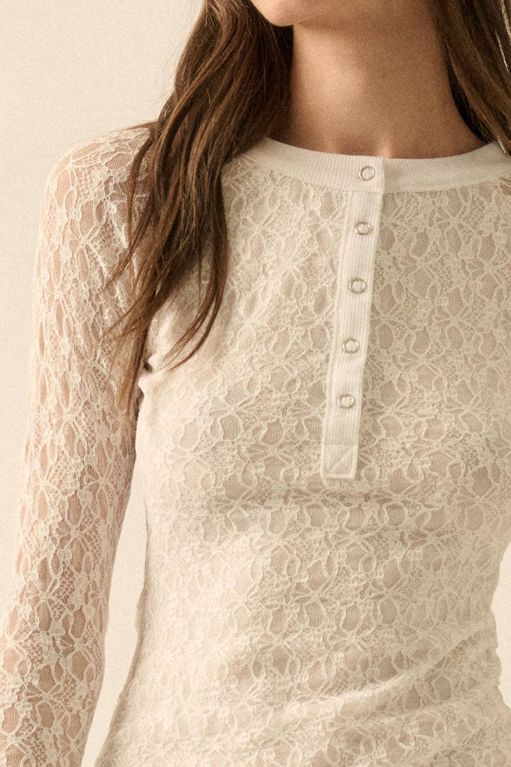 Floral Lace Raglan-Sleeve Henley Top