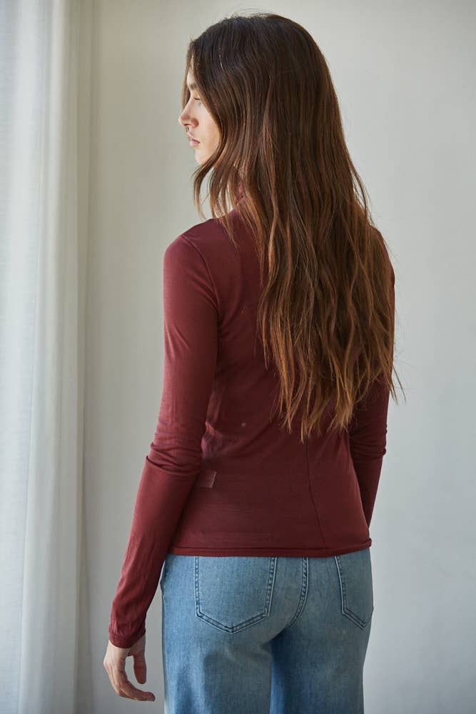 By Together - Knit Jersey Turtleneck Long Sleeve Sheer Top