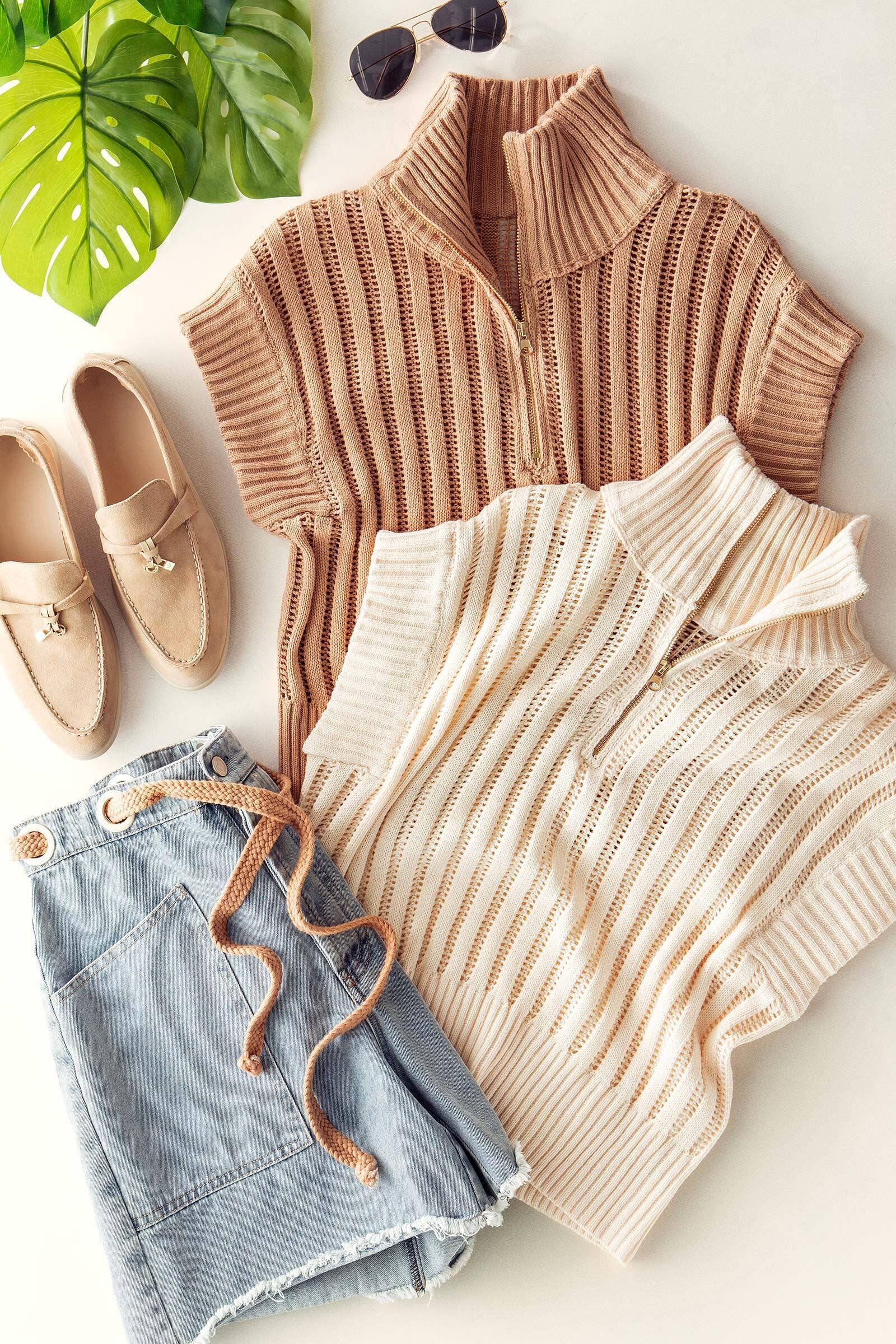 Urban Daizy - Ribbed Knit Half-Zip Mock Neck Sweater Vest