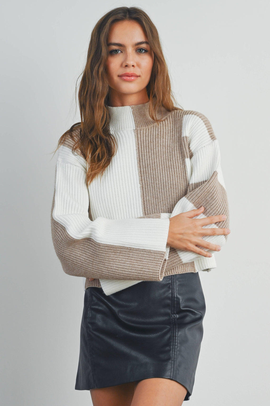 A Favorite Color Block Mock Turtleneck Sweater