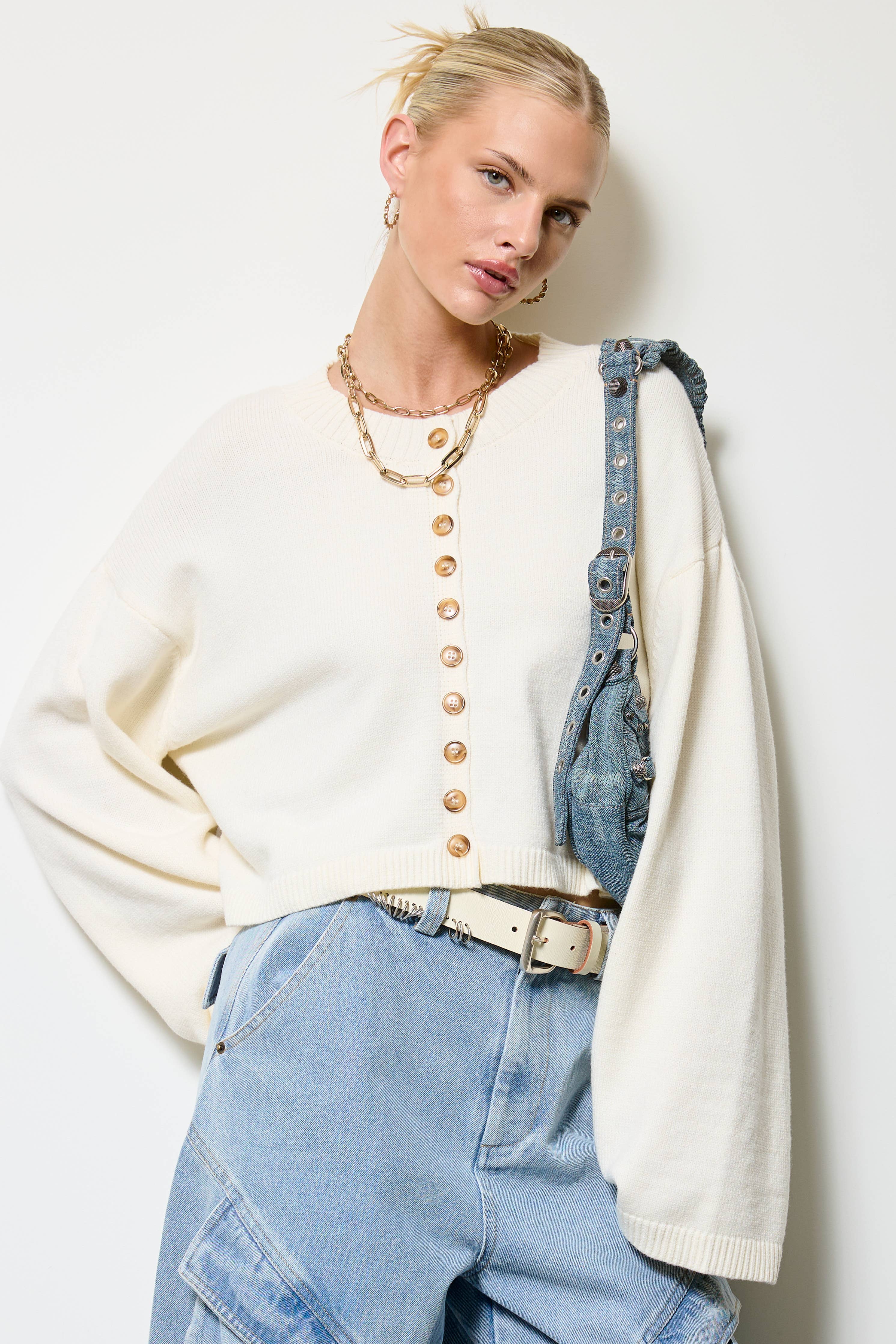 Button Front Cropped Knit Cardigan