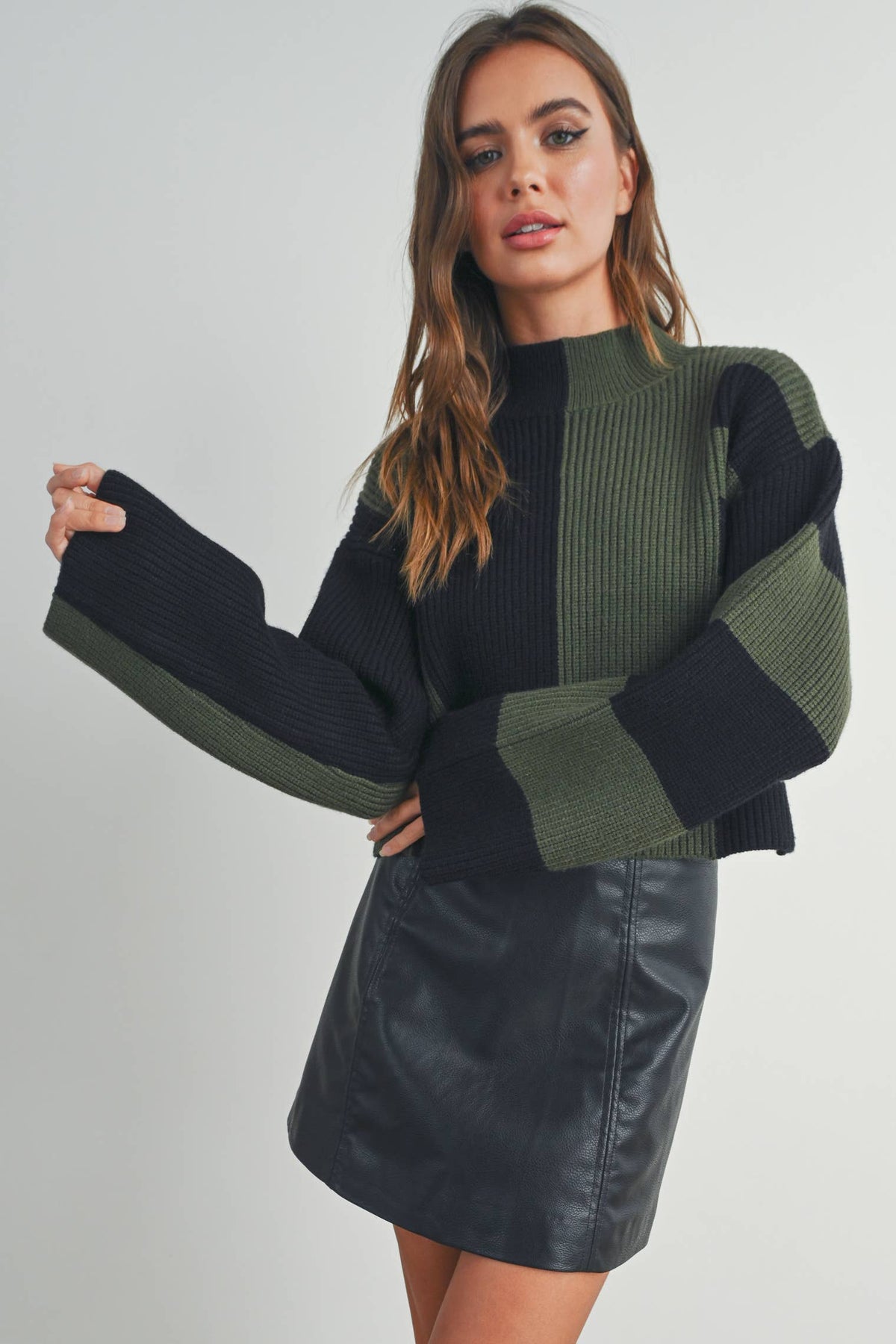 A Favorite Color Block Mock Turtleneck Sweater