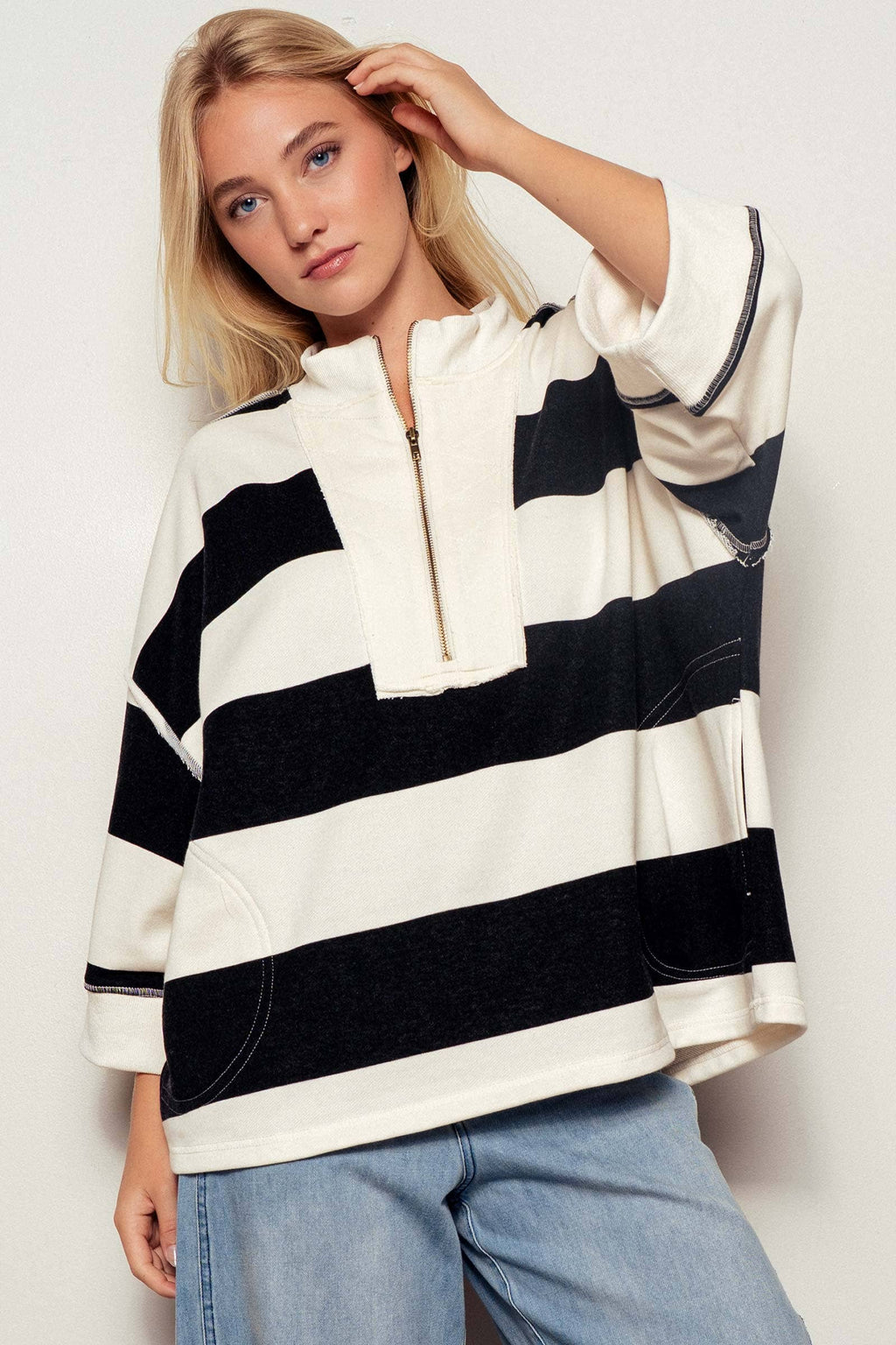 Urban Daizy - Oversized Half Zip Bold Stripe Statement Pullover Sweatshirt