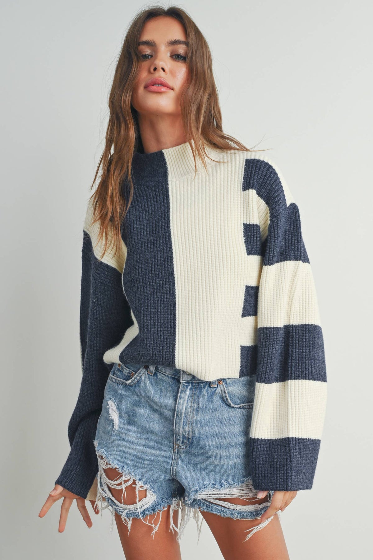 A Favorite Color Block Mock Turtleneck Sweater