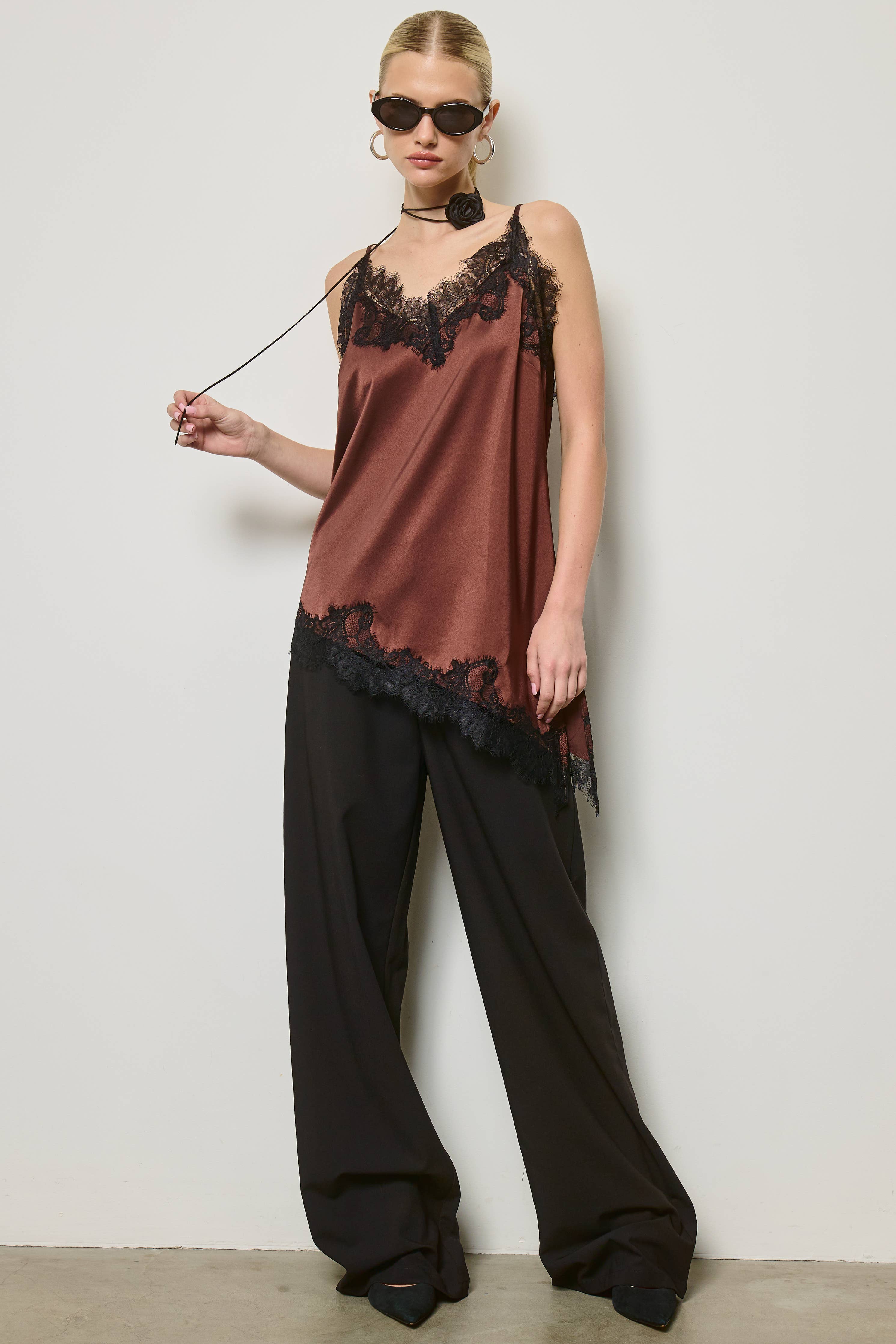 Lace Trim Satin Tunic Tank Top