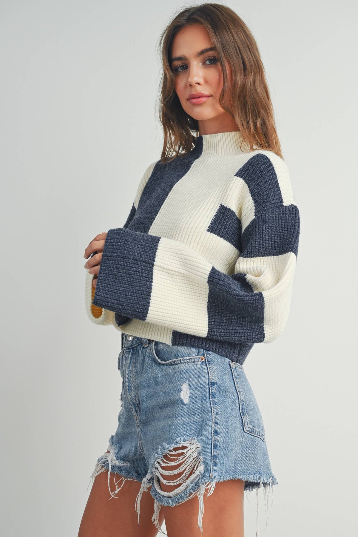 A Favorite Color Block Mock Turtleneck Sweater