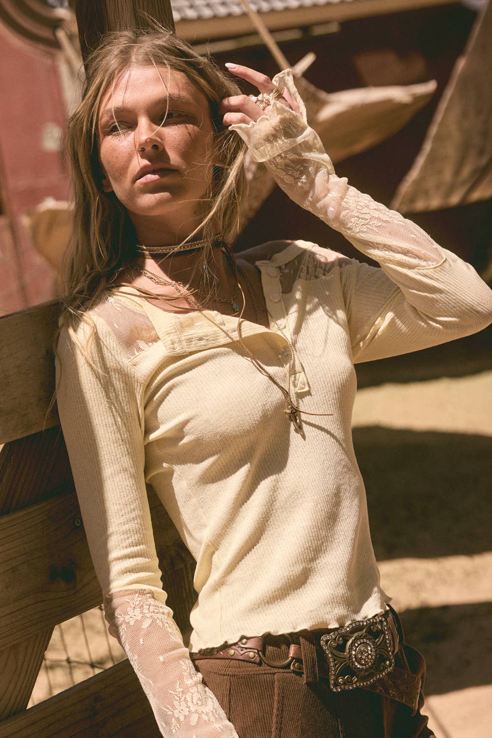 Ribbed Knit & Lace Long-Sleeve Split-Cuff Henley Top