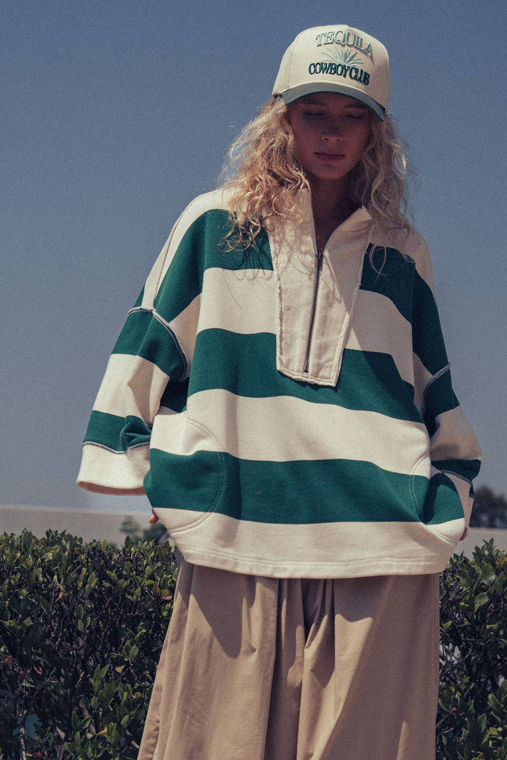 Urban Daizy - Oversized Half Zip Bold Stripe Statement Pullover Sweatshirt