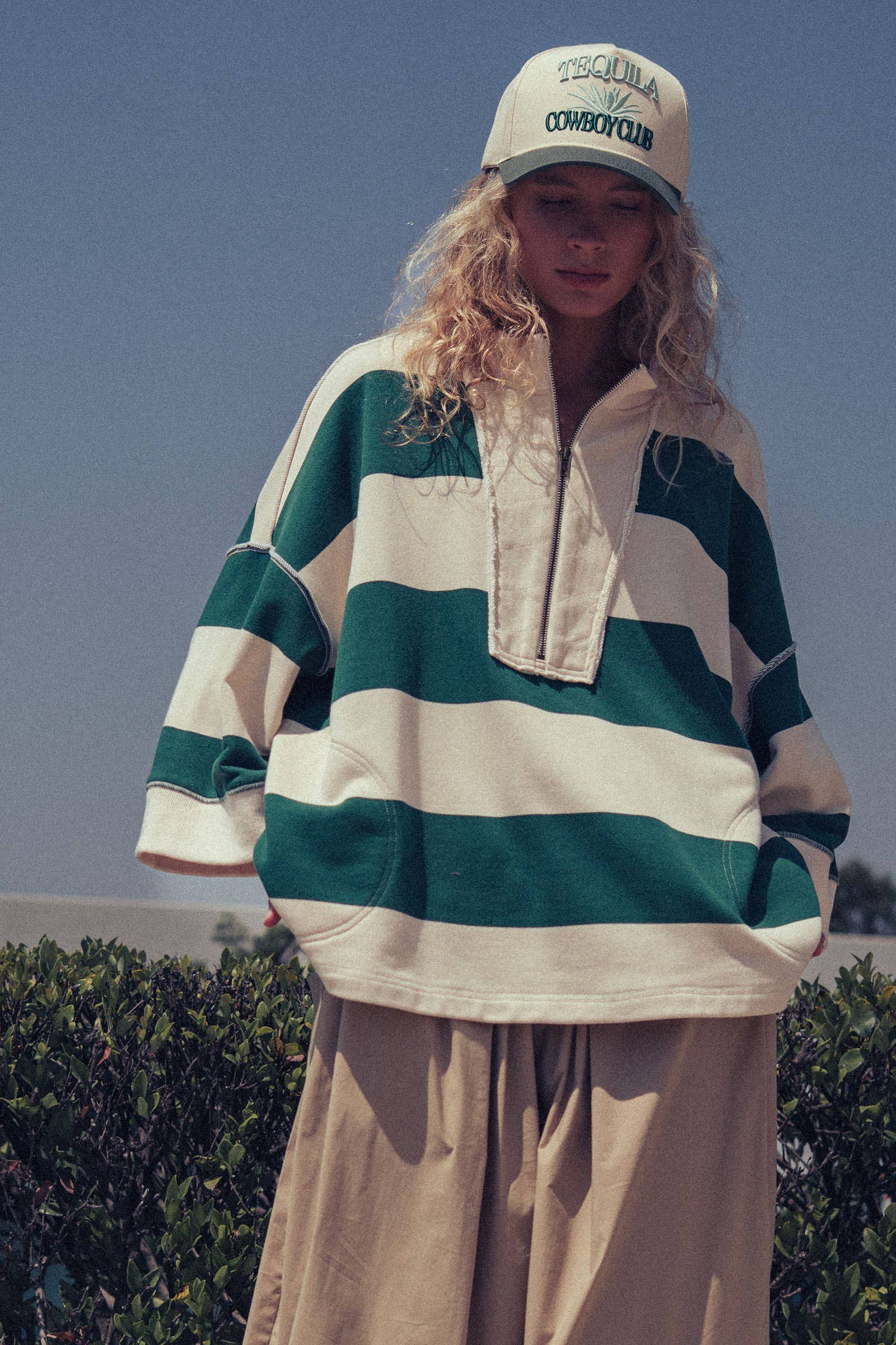 Urban Daizy - Oversized Half Zip Bold Stripe Statement Pullover Sweatshirt