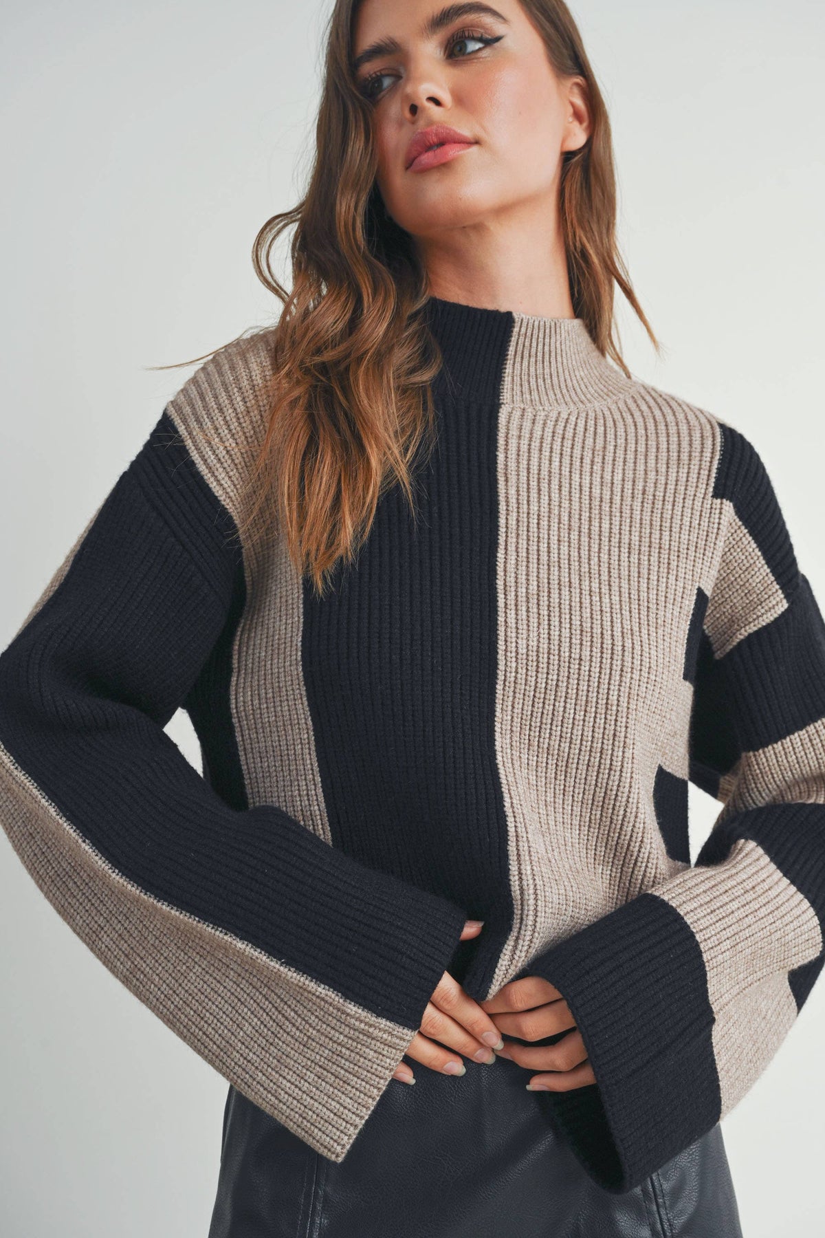 A Favorite Color Block Mock Turtleneck Sweater