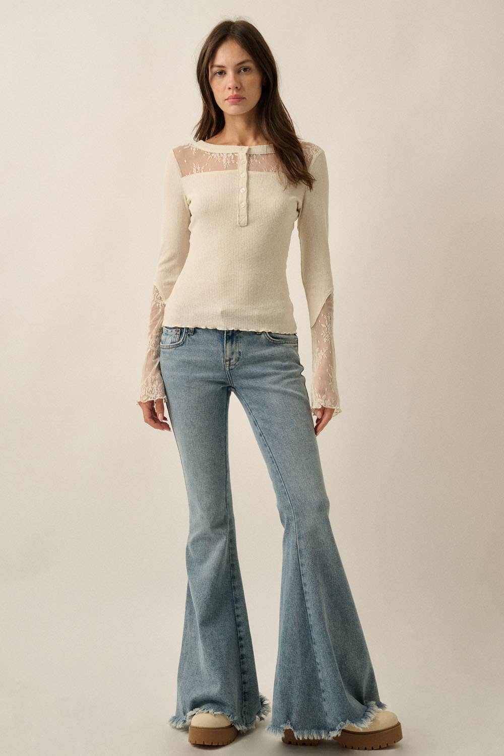 Ribbed Knit & Lace Long-Sleeve Split-Cuff Henley Top