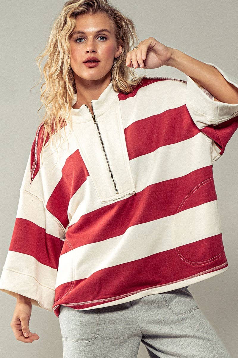 Urban Daizy - Oversized Half Zip Bold Stripe Statement Pullover Sweatshirt