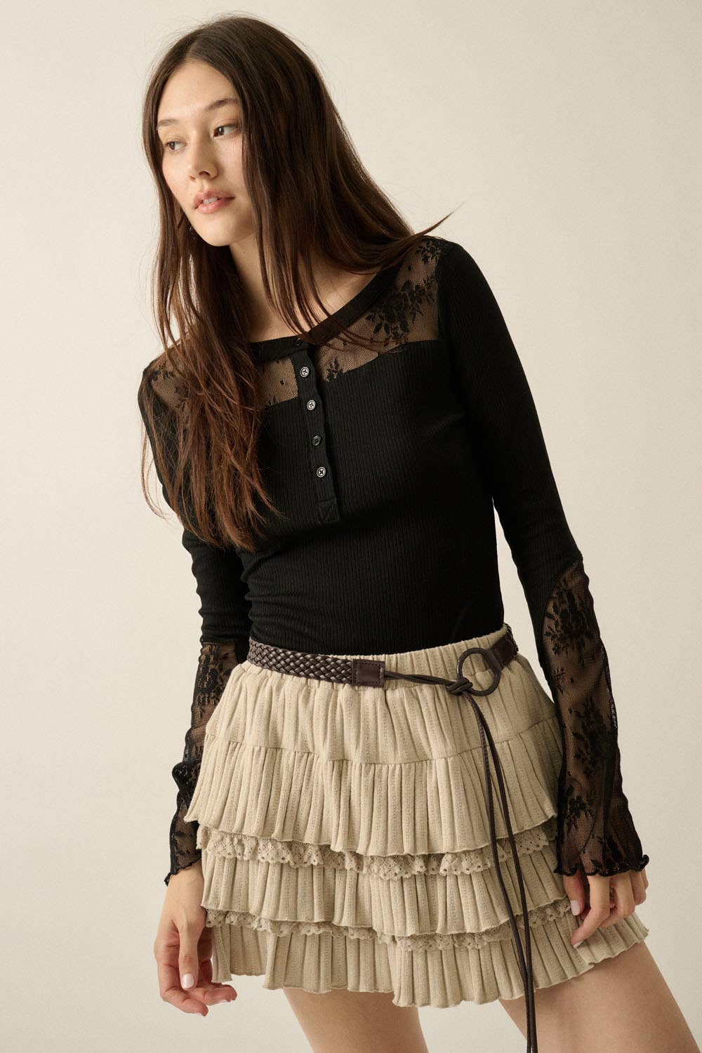 Ribbed Knit & Lace Long-Sleeve Split-Cuff Henley Top