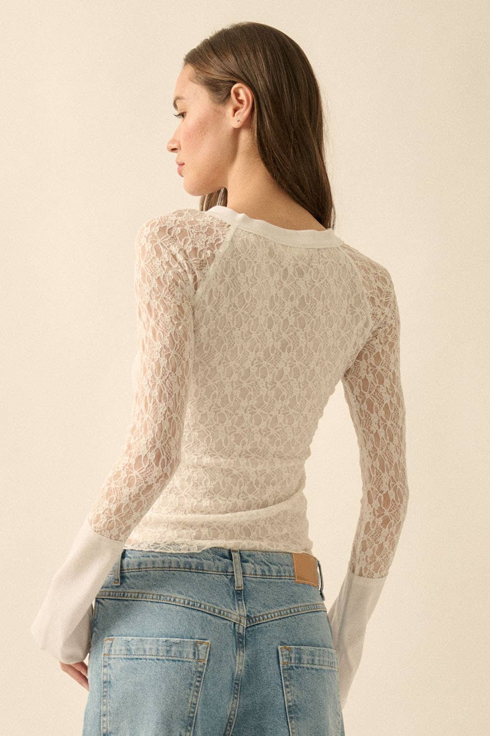 Floral Lace Raglan-Sleeve Henley Top
