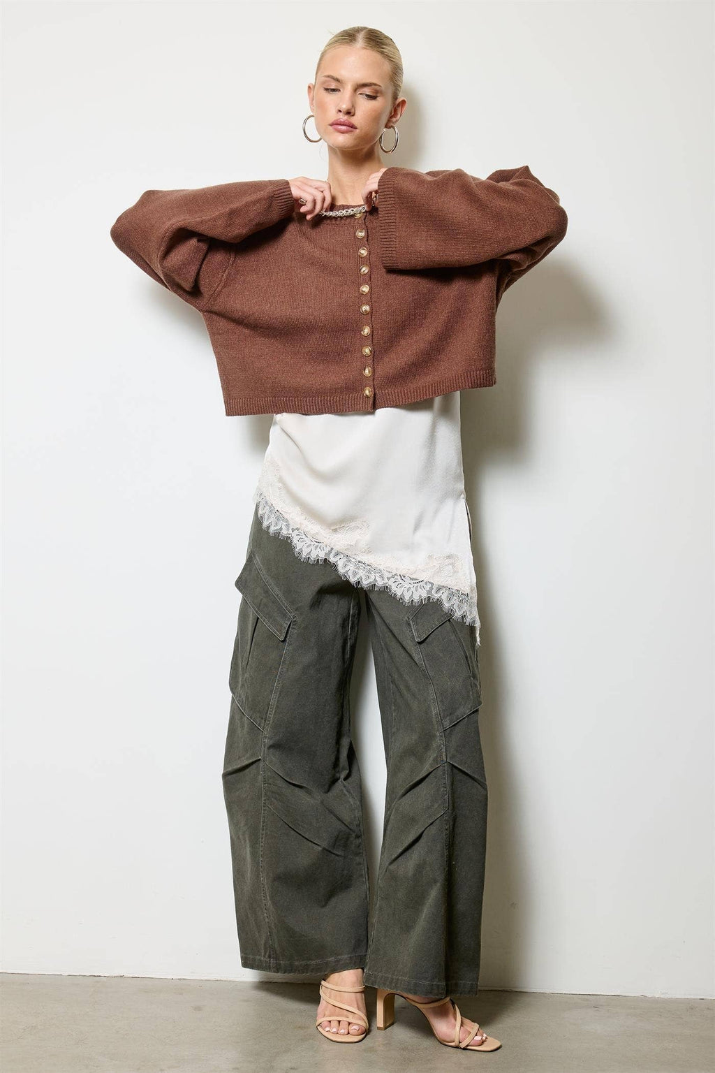 Button Front Cropped Knit Cardigan