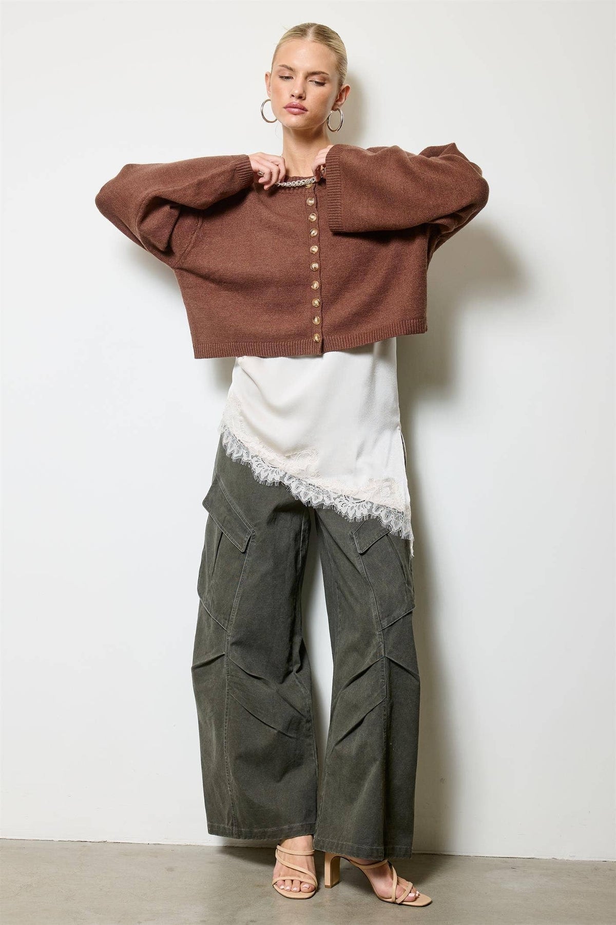 Button Front Cropped Knit Cardigan