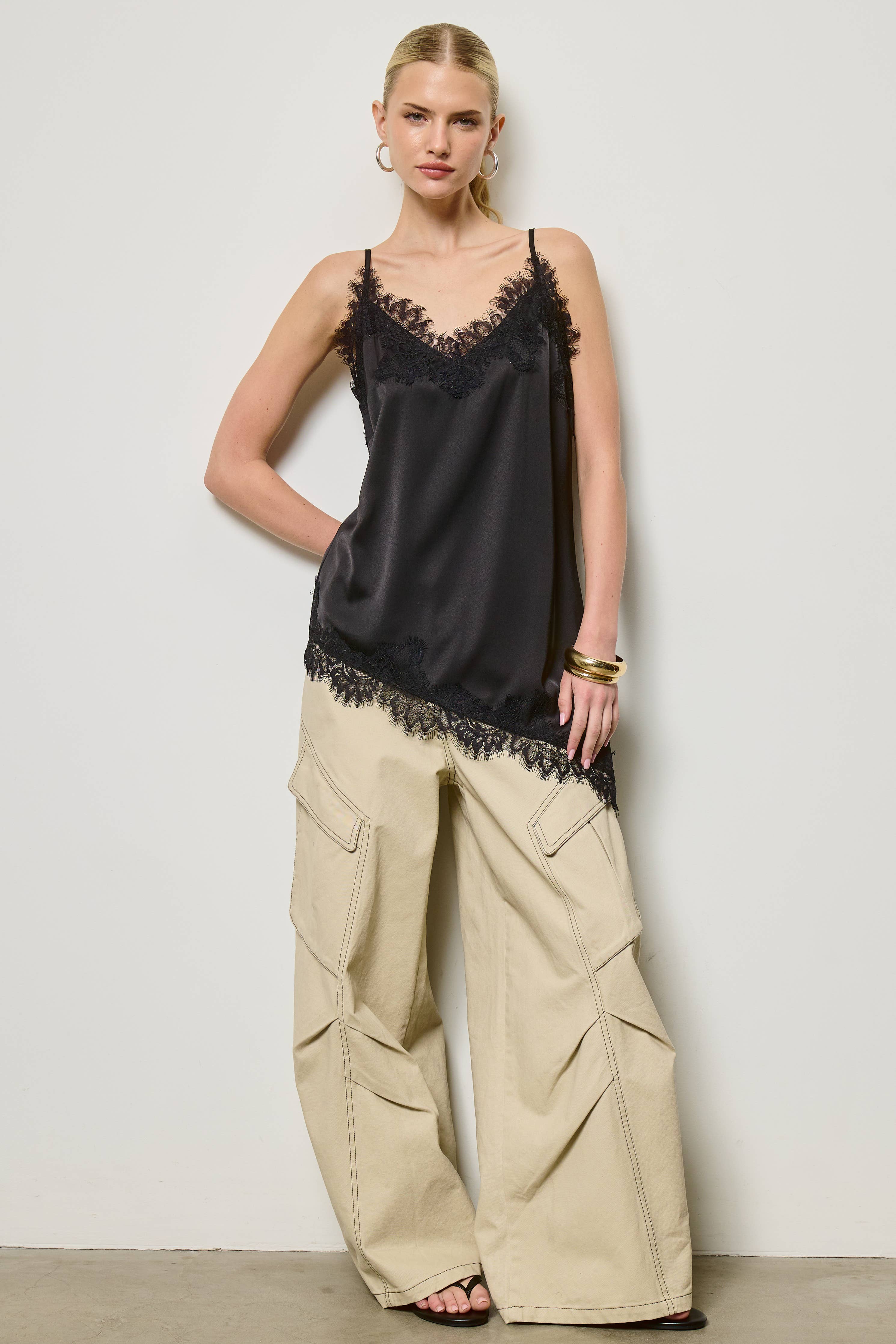 Lace Trim Satin Tunic Tank Top