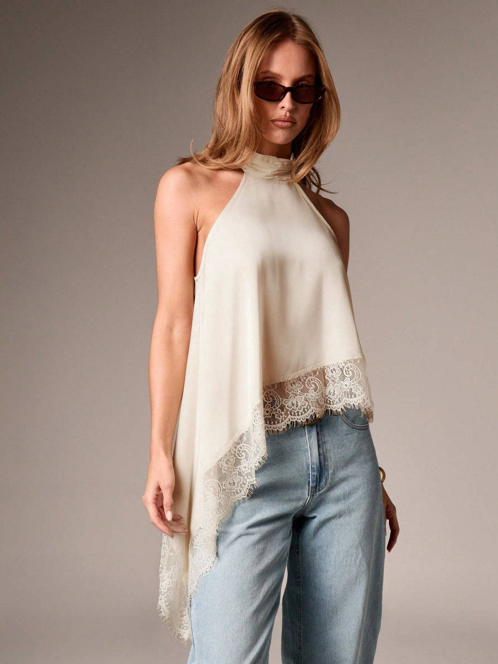 Lovesoft - Women’s Satin Lace Trim Halter Neck Asymmetrical Top