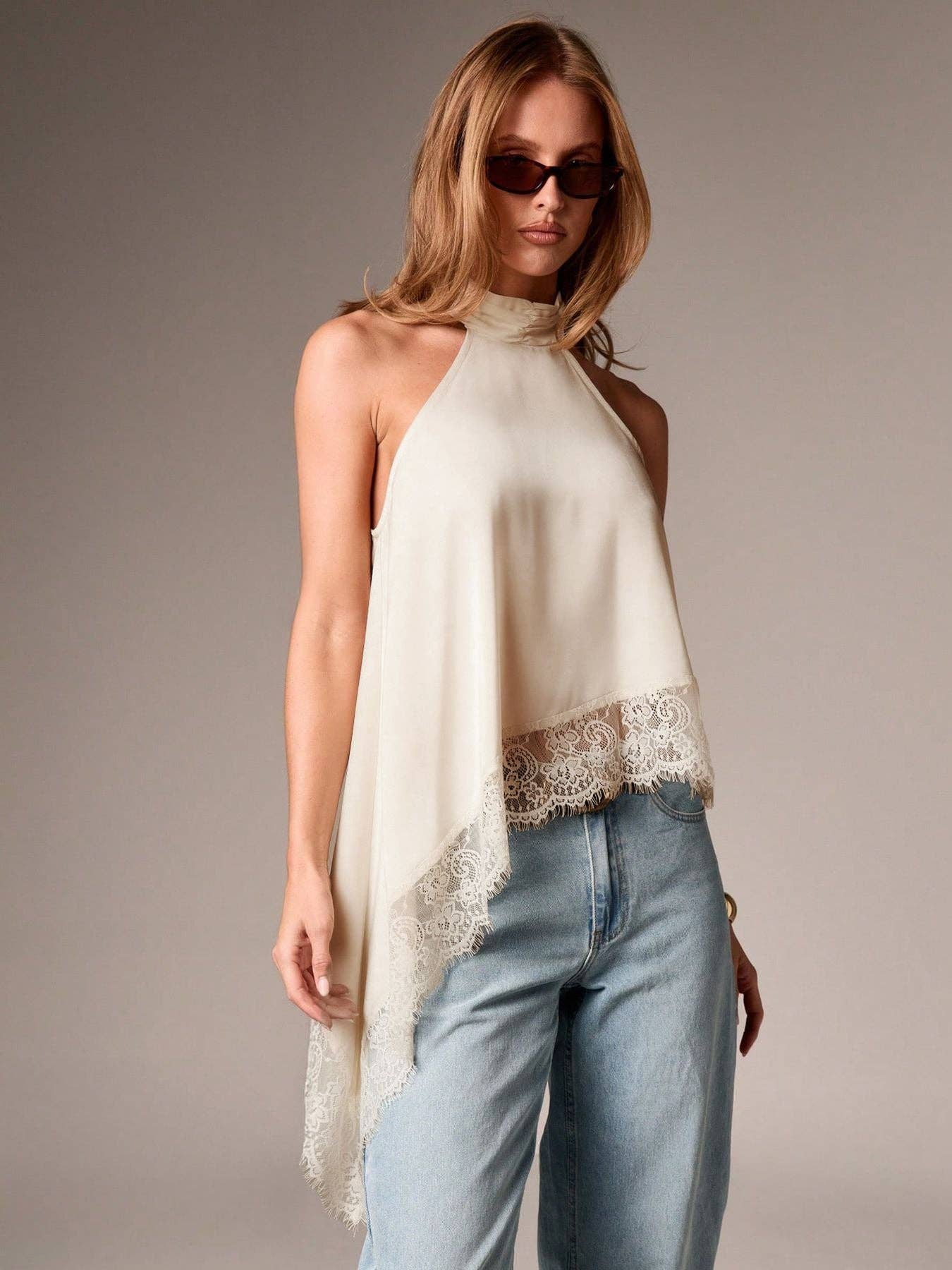 Lovesoft - Women’s Satin Lace Trim Halter Neck Asymmetrical Top