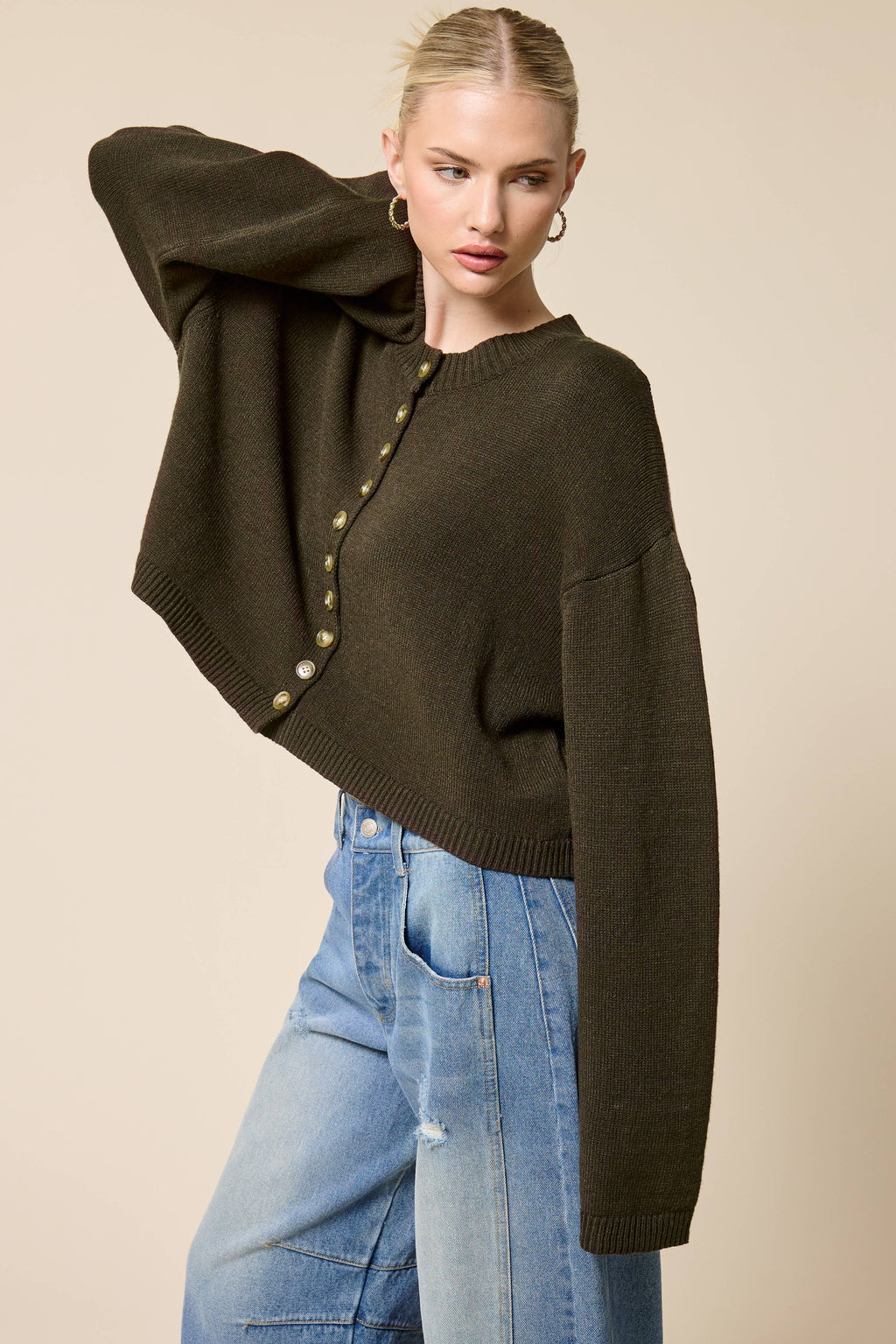 Button Front Cropped Knit Cardigan