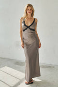Woven Satin Lace Trim V Neck Maxi Dress