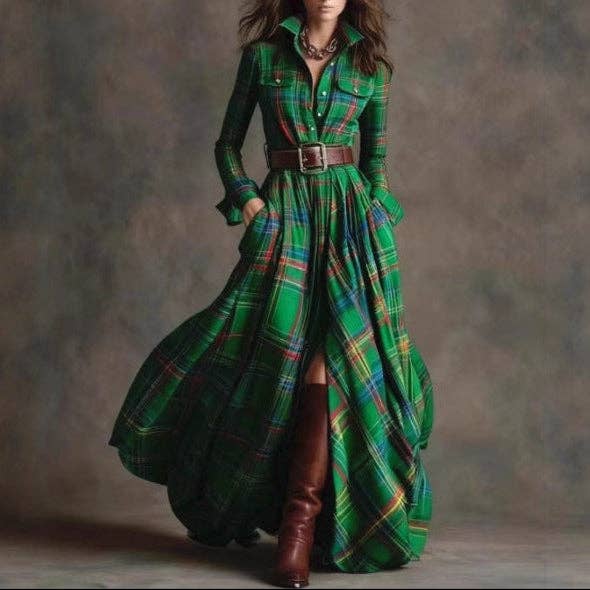 Suhkasana - Plaid Belted Maxi Shirt Dress Long Sleeve Vintage