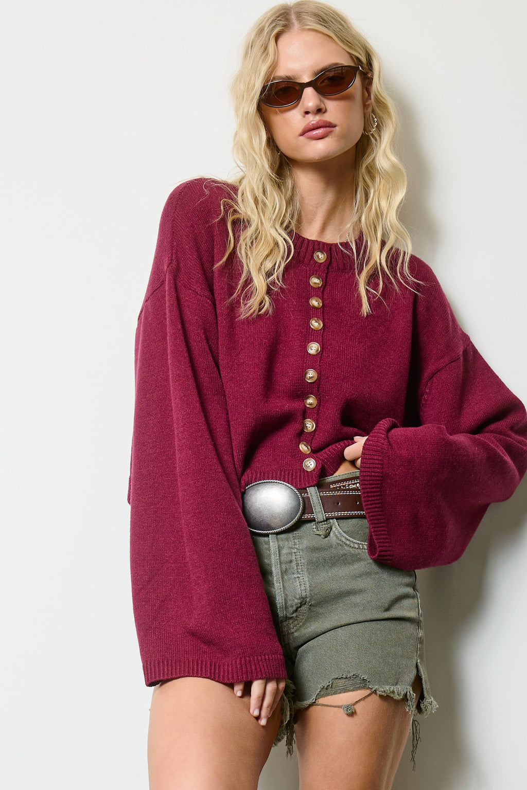 Button Front Cropped Knit Cardigan