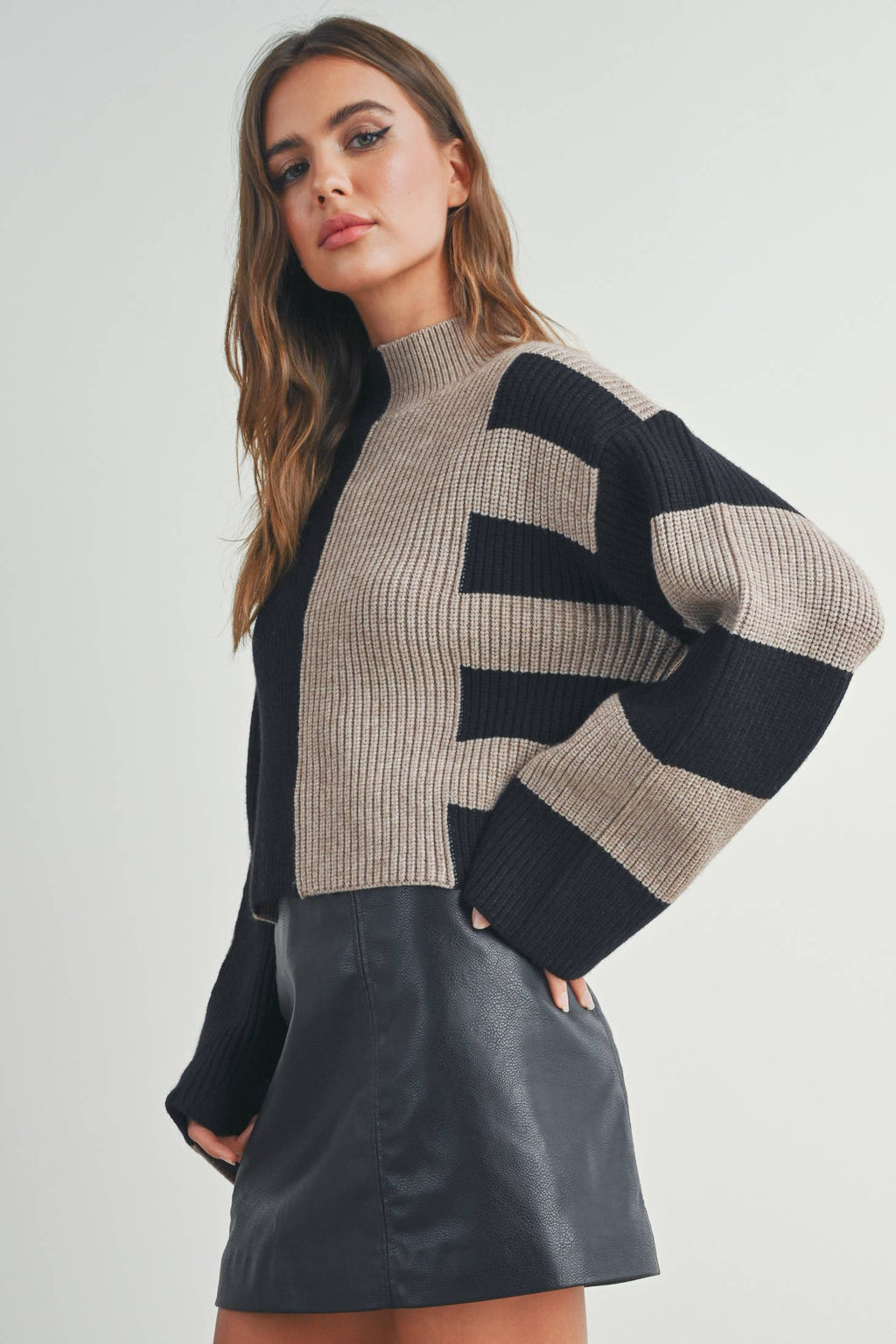 A Favorite Color Block Mock Turtleneck Sweater