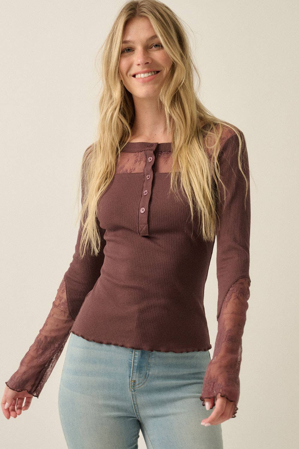 Ribbed Knit & Lace Long-Sleeve Split-Cuff Henley Top