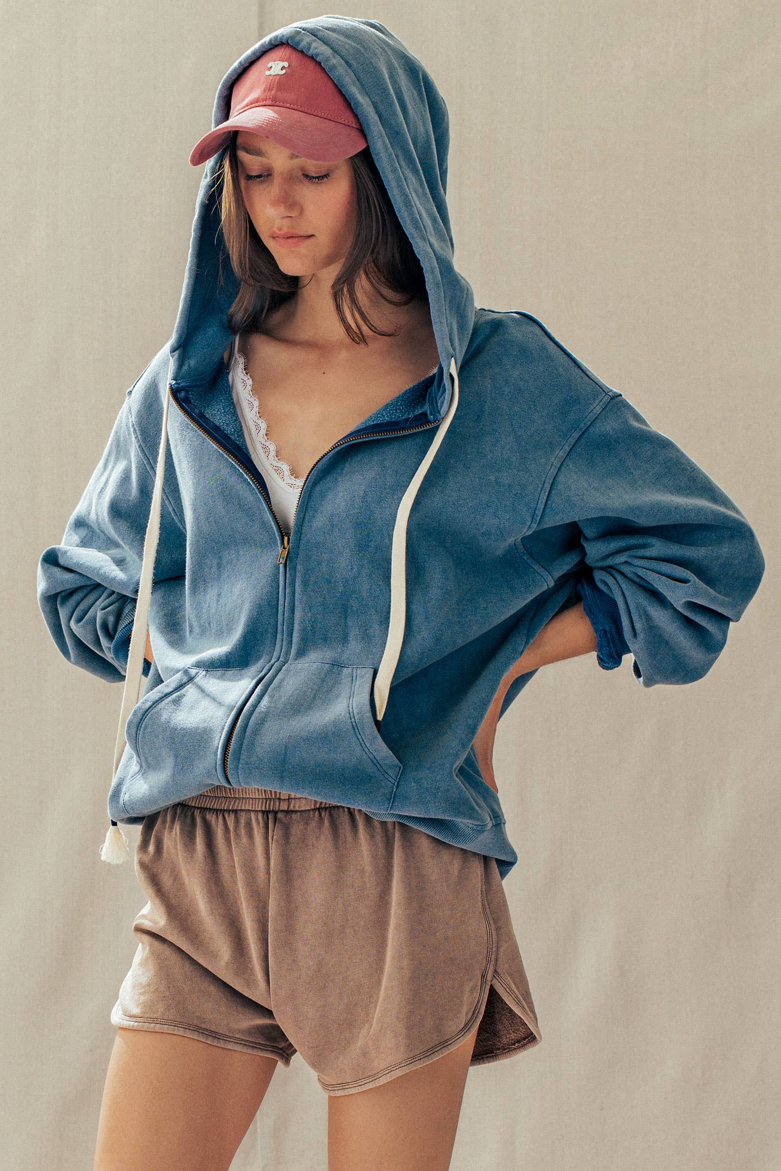 Urban Daizy - Vintage-Wash Zip-Up Hoodie