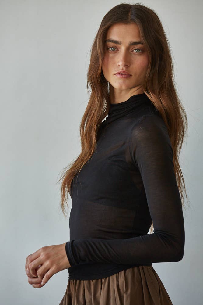 By Together - Knit Jersey Turtleneck Long Sleeve Sheer Top