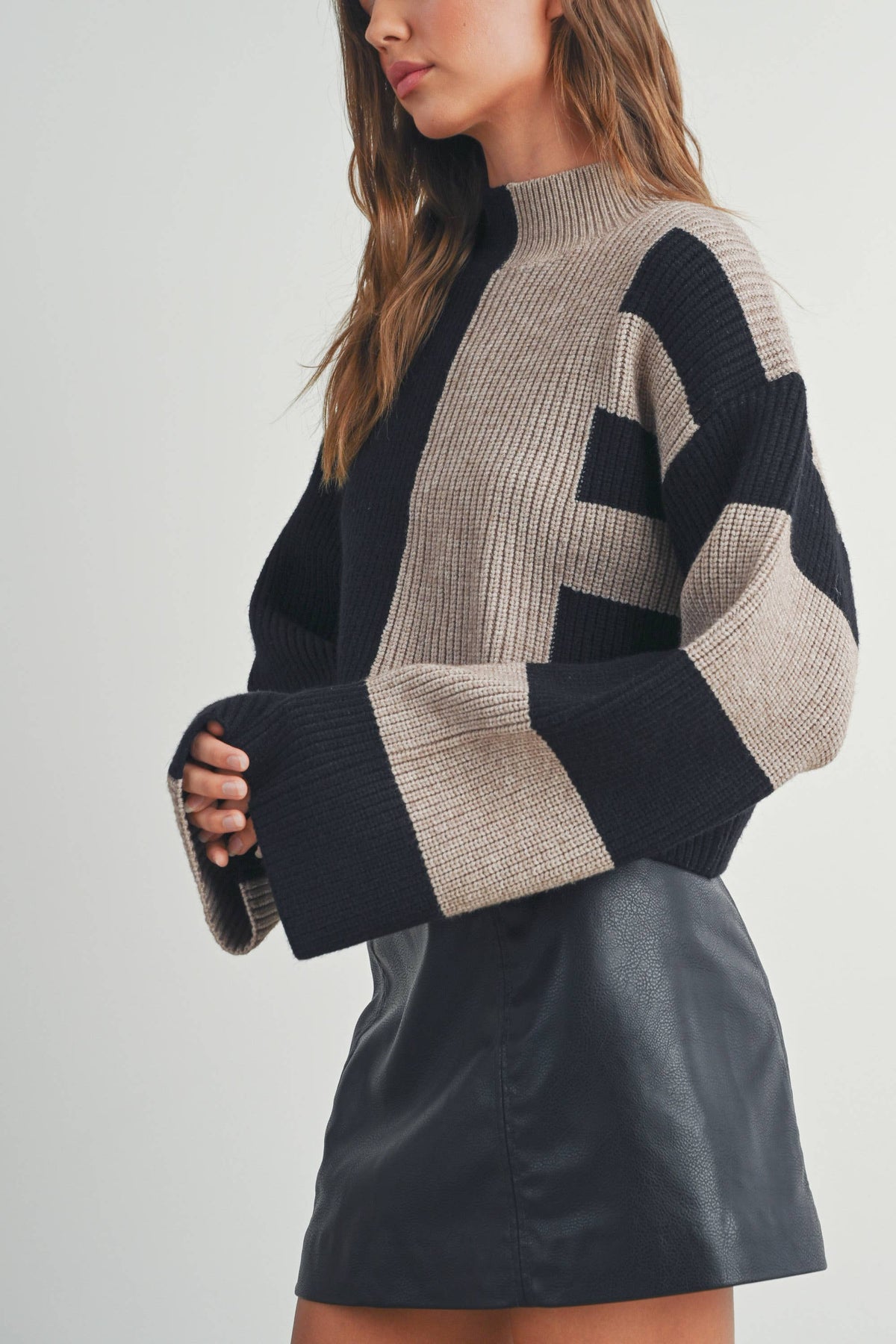 A Favorite Color Block Mock Turtleneck Sweater