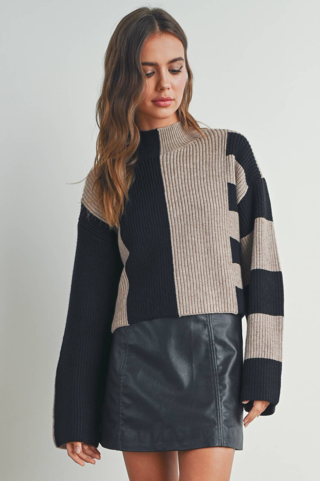 A Favorite Color Block Mock Turtleneck Sweater